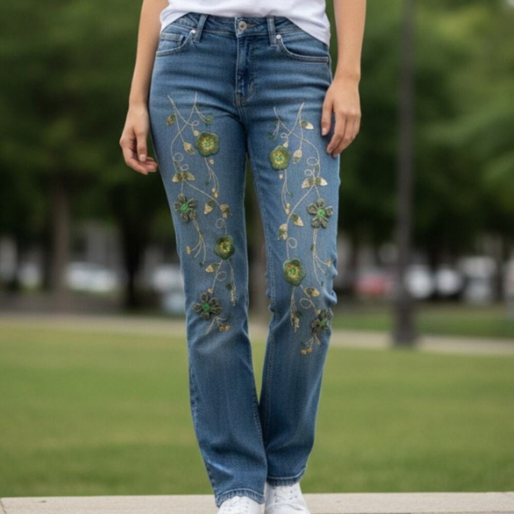 Vintage Willi Smith Floral Embroidered Jeans Size 8 Bootcut - Picture 1 of 8